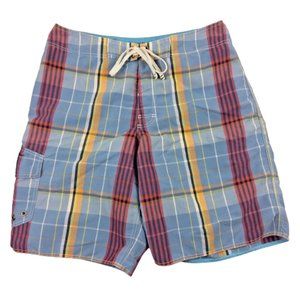 American Eagle Outfitters Boardshorts Front Tie Leg Flap Pocket Blue Plaid
